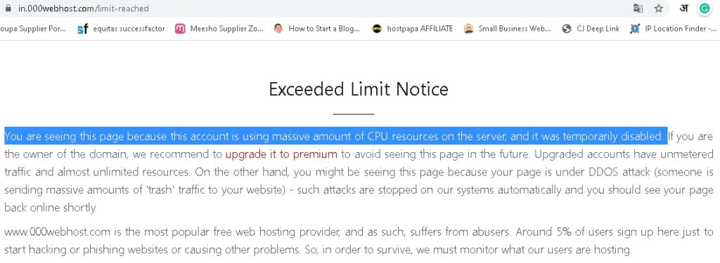 000Web's notice to its customers when limit exceeds