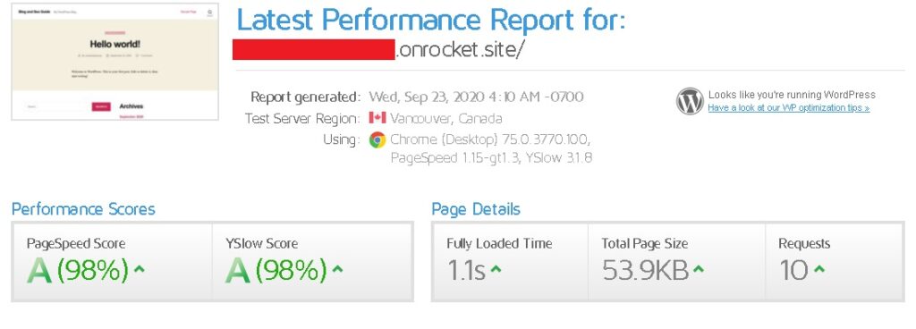 Page load test results using GTMetrix Tool and test location Canada.