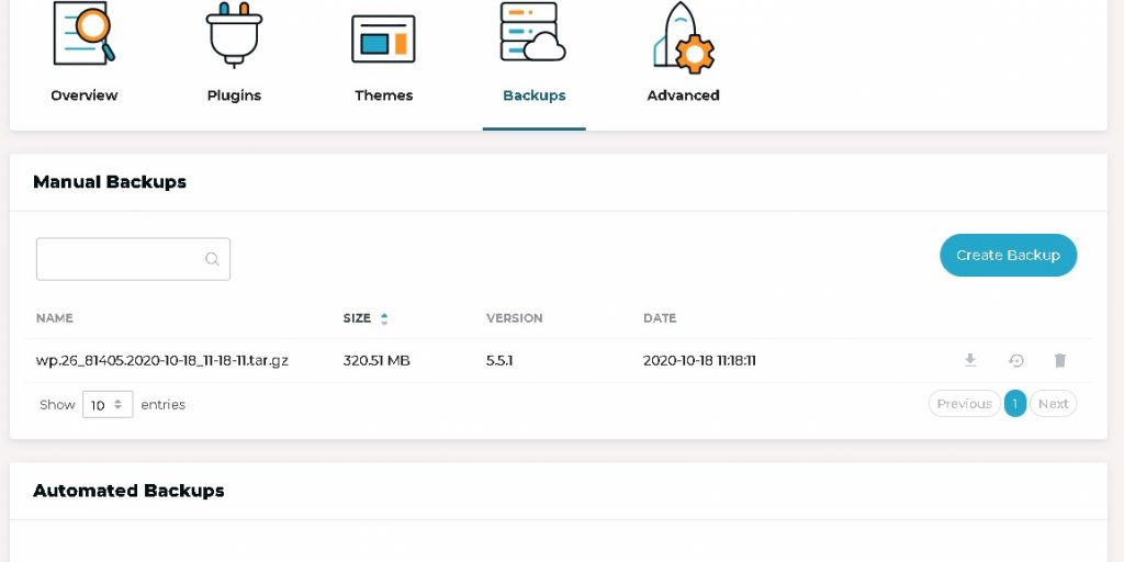 Backup facility from dashboard