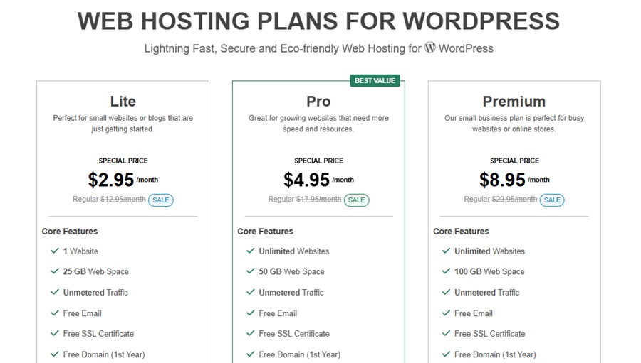 greengeeks wordpress hosting pricing plan