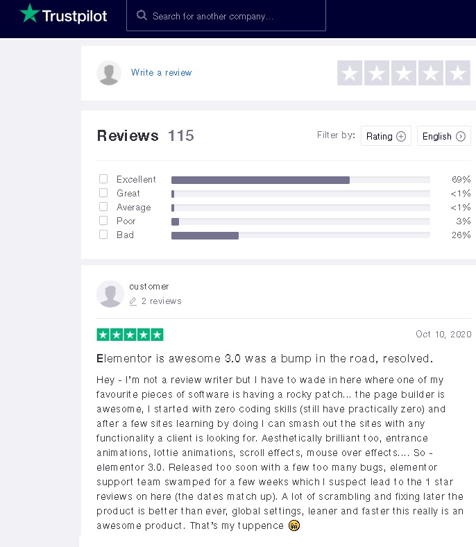 Elementor Customer Reviews on TrustPilot