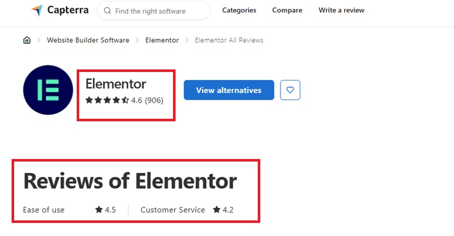 elementor customer ratings by capterra 
