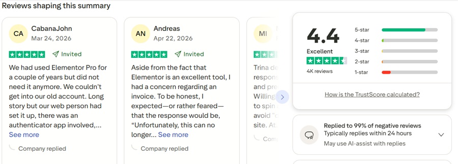 elementor customer review on trustpilot 