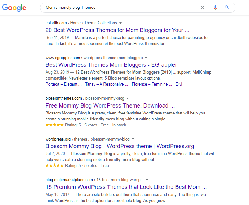 google search result for mom friendly blog themes