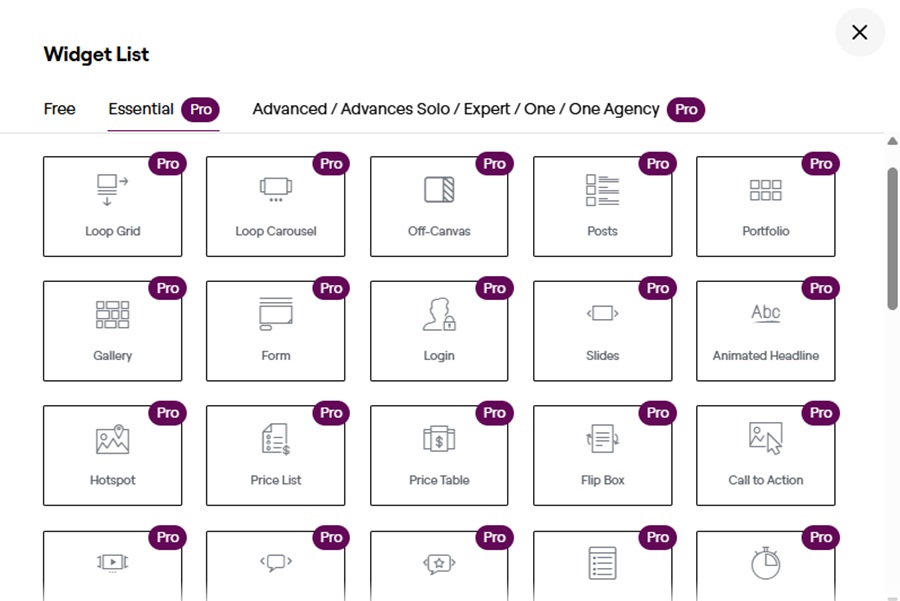 list of elements available i=only on elementor pro