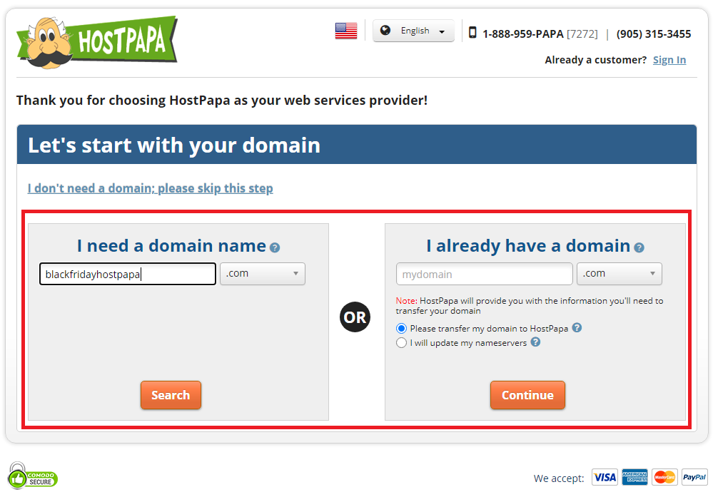 final step to get hostpapa black friday deals, get started with hostpapa, black friday, choose a domain