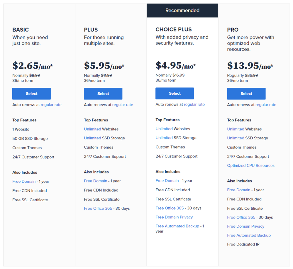 choose a plan for hosting on bluehost