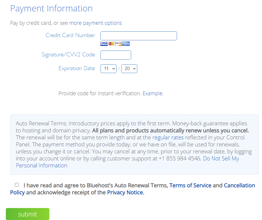 payment information bluehost
