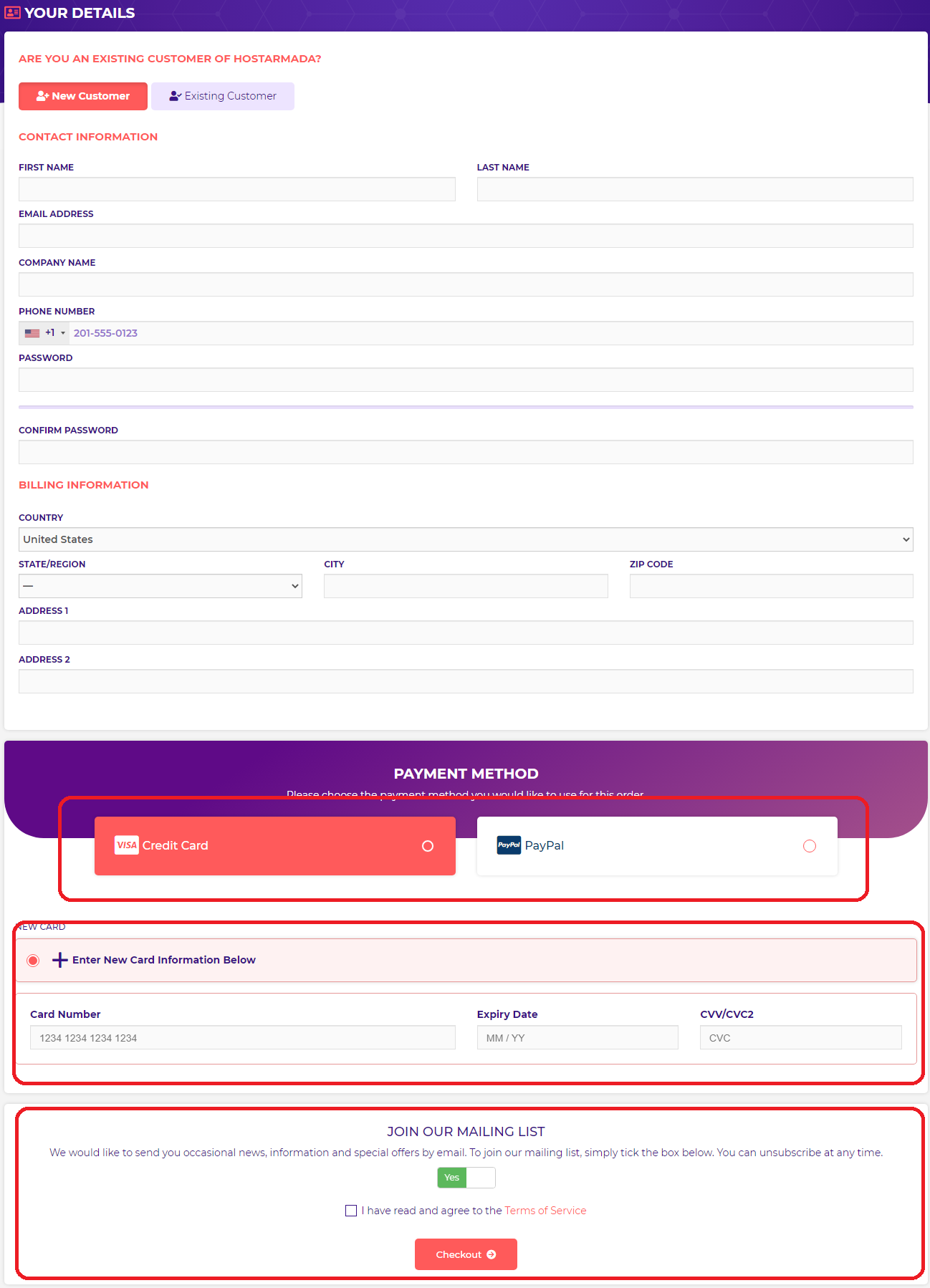 Review of HostArmada Billing, how to add personal, details and billing details