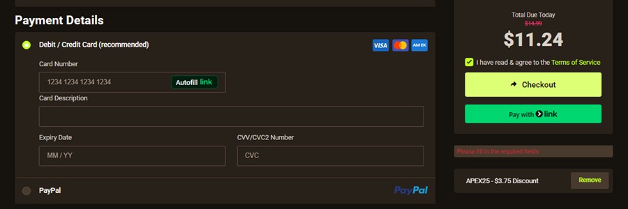 apex hosting complete order payment details