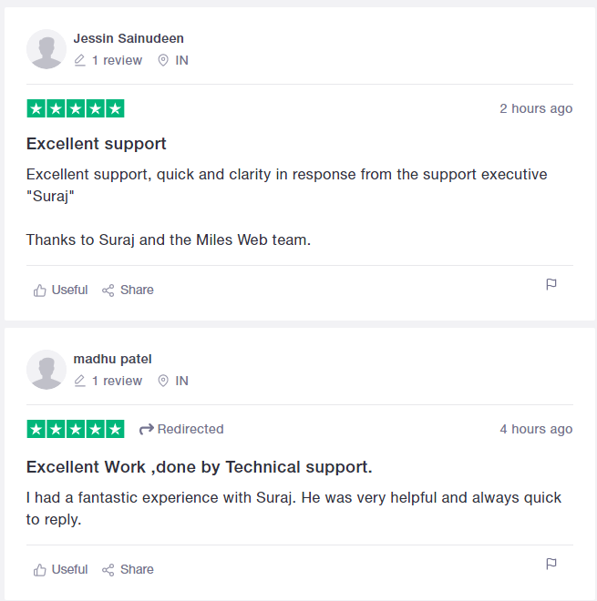 trustpilot's milesweb customer reviews