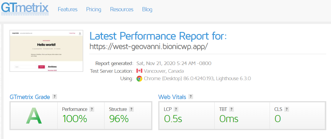 bionicwp speed test with cdn and nitro pack using gtmetrix