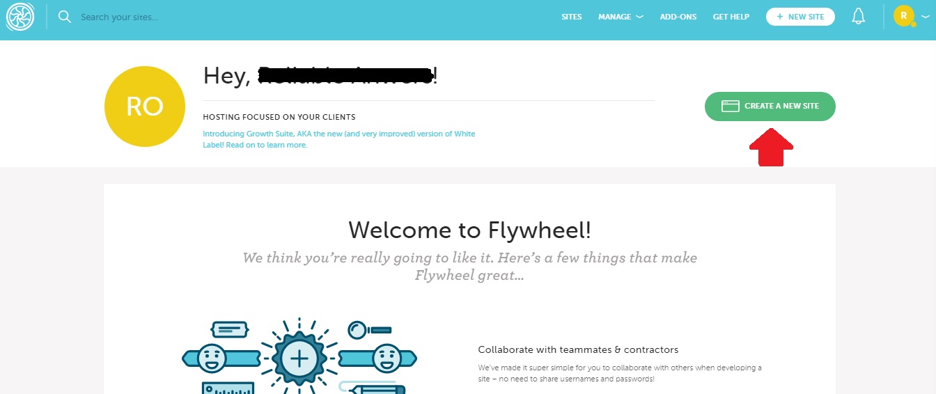flywheel dashboard and create new site