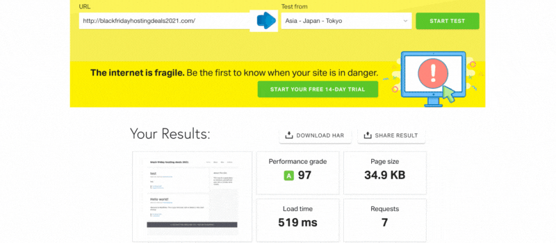 easywp page load speed test from Tokyo