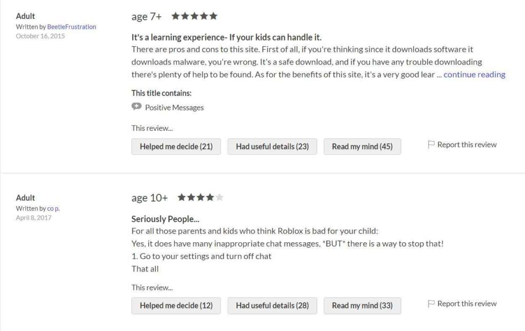 Parents review on Roblox game