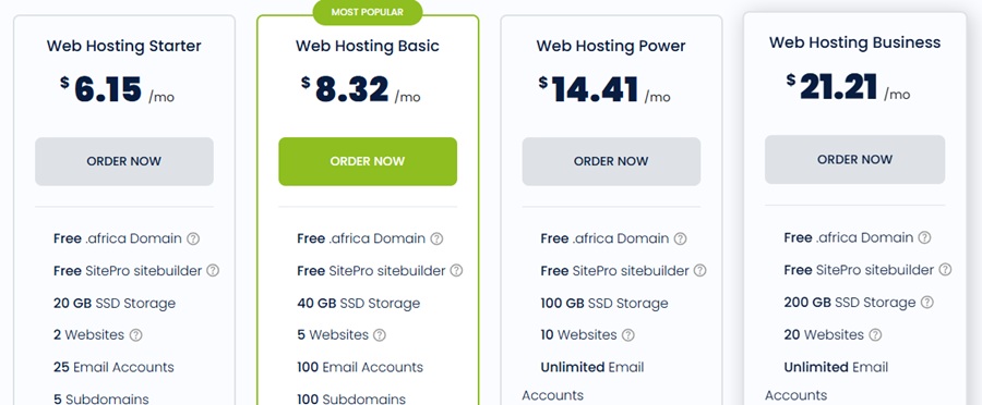 host africa web hosting pricing