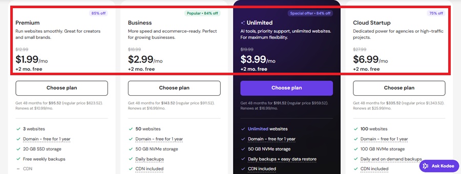 hostinger pricing plan 