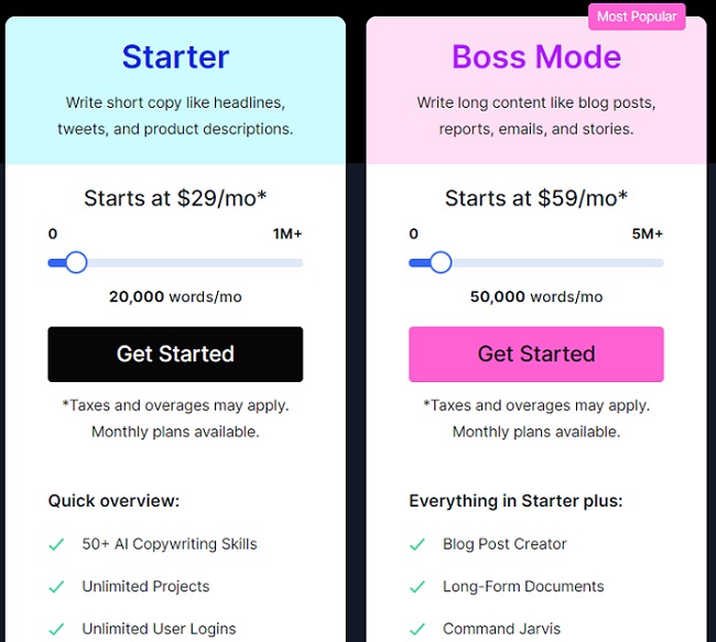 jarvis pricing of starter and boss mode