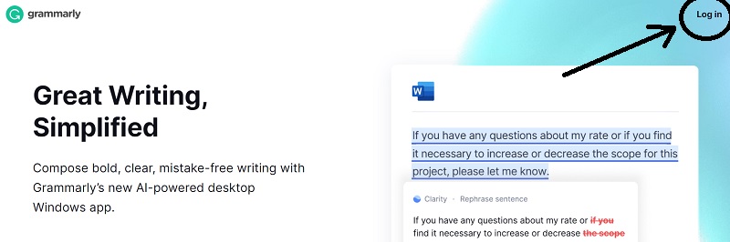 grammarly's first page for sign up and log in
