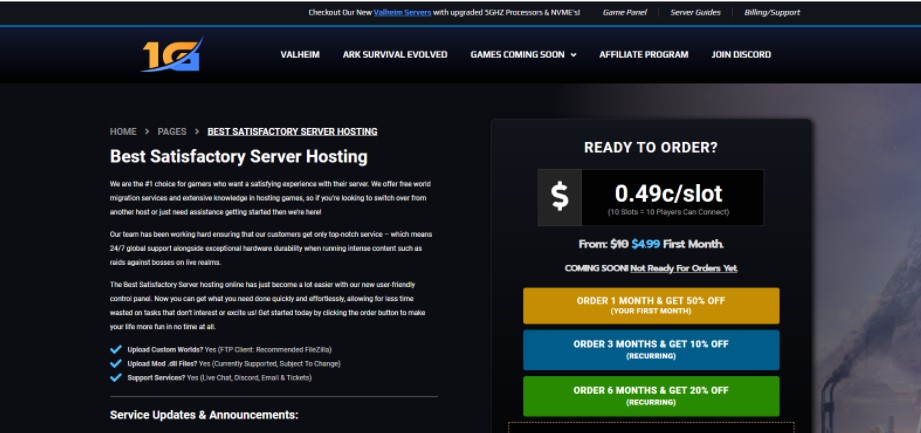 1gserverhost's dedicated server hosting plan for satisfactory game