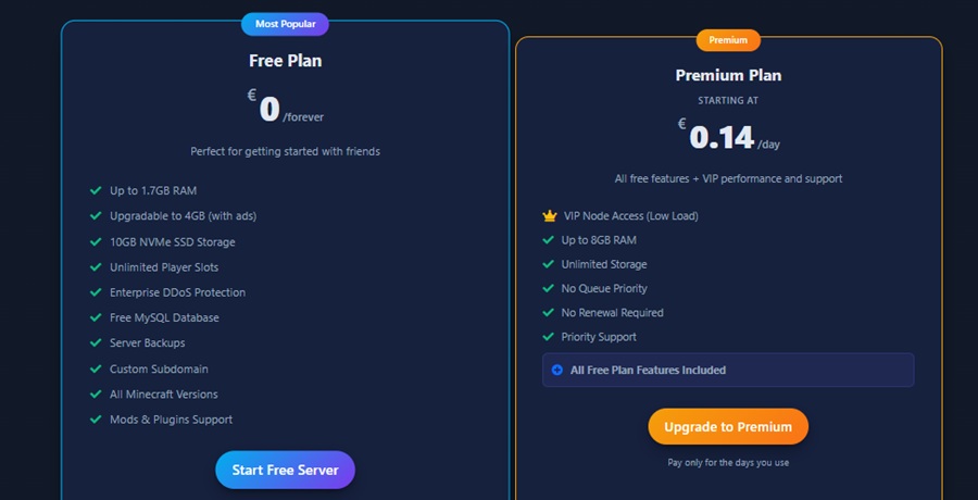 free mc server minceraft pricing
