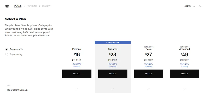 squarespace pricing