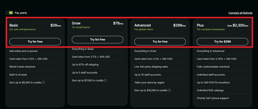 shopify pricing plan 