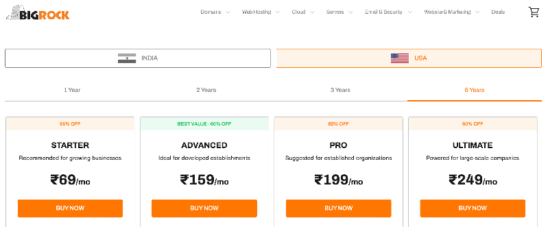 bigrock server hosting pricing plan