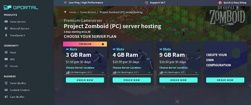 Gportal project zomboid hosting pricing