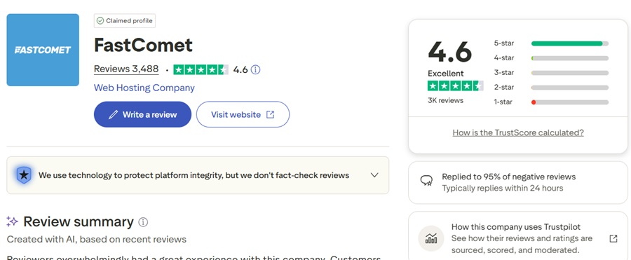 fastcomet ratings by trustpilot
